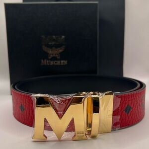MCM Red Belt with Gold M Buckle